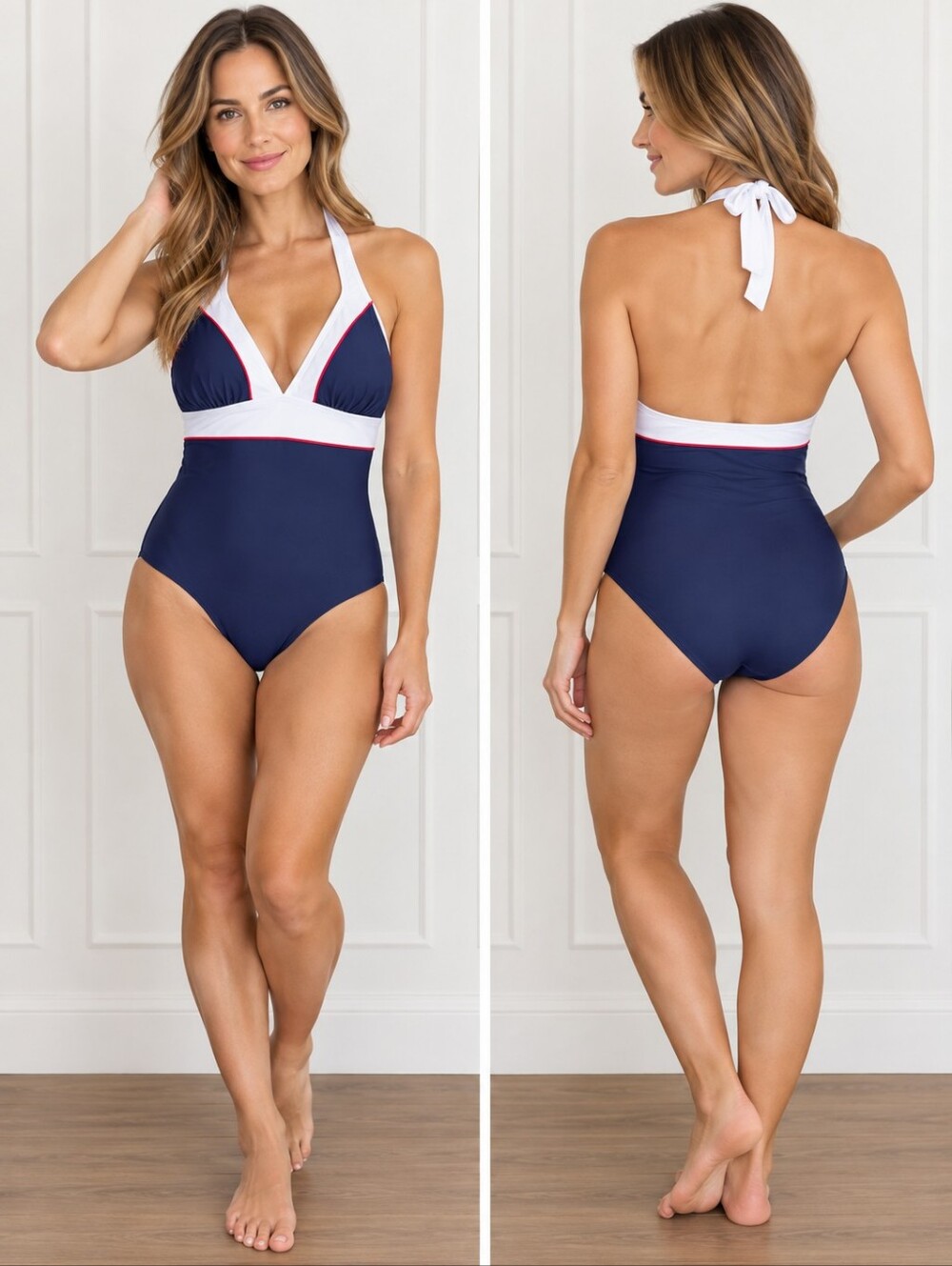 Venus Navy Blue One-Piece Nautical Swimsuit – White & Red Trim NWOT Size 6